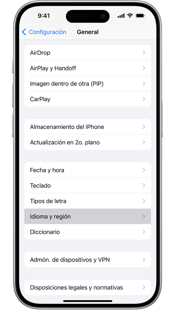 Un iPhone en el que se muestra el menú de configuración General, con la opción Idioma y región resaltada.