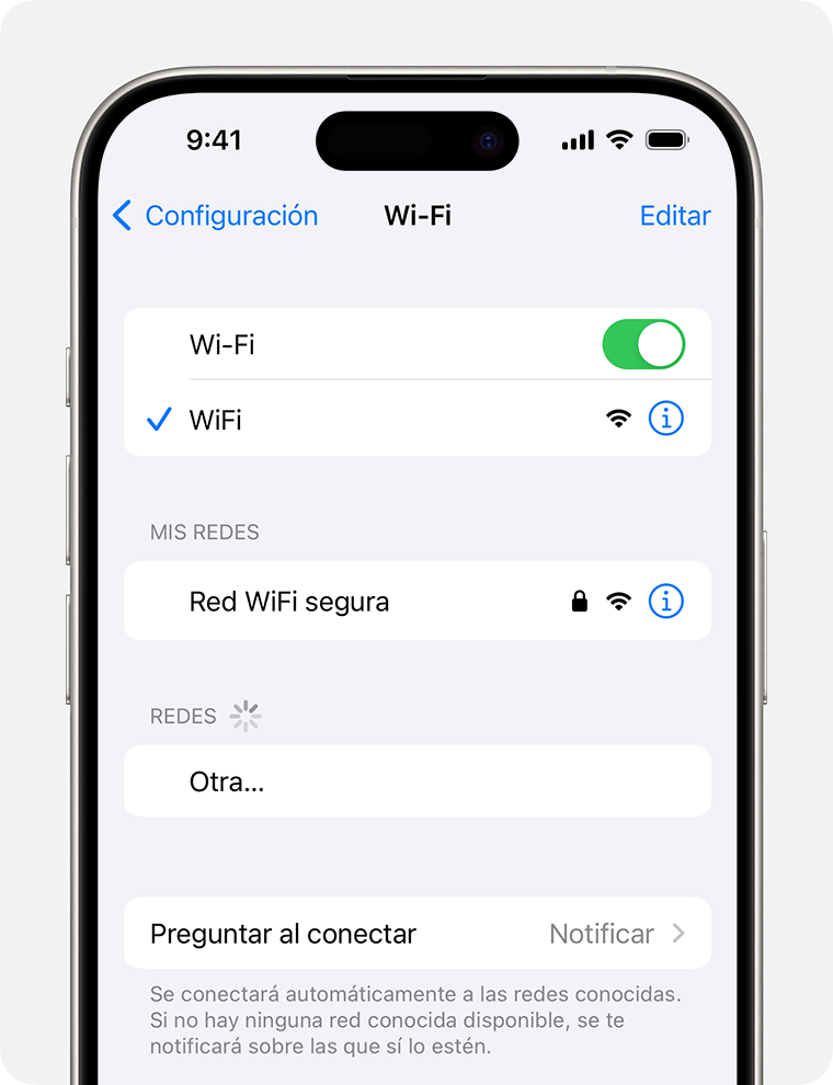 Un iPhone en el que se muestra la pantalla de Wi-Fi. Hay una marca de verificación azul al lado del nombre de la red Wi-Fi.