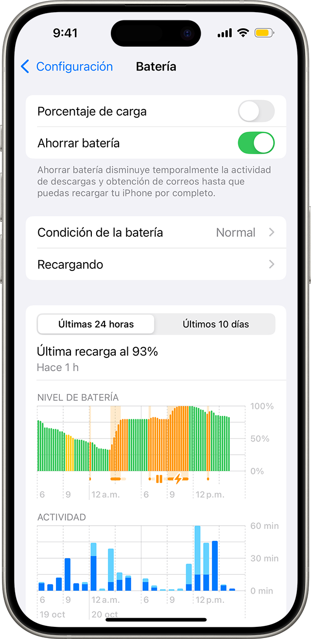 iPhone en el que se muestra la pantalla Batería en Configuración. El modo Ahorrar batería está activado y hay un ícono de batería amarillo en la barra de estado.