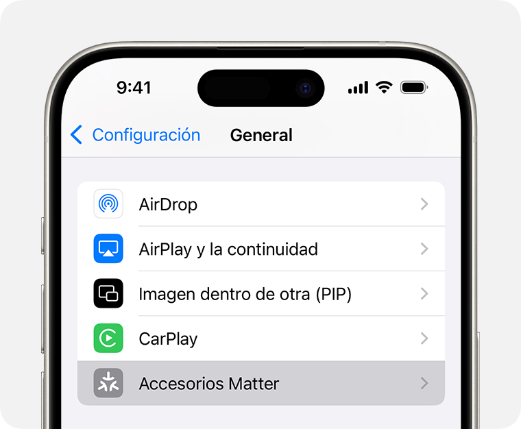 Accesorios de Matter en Configuración > General en el iPhone