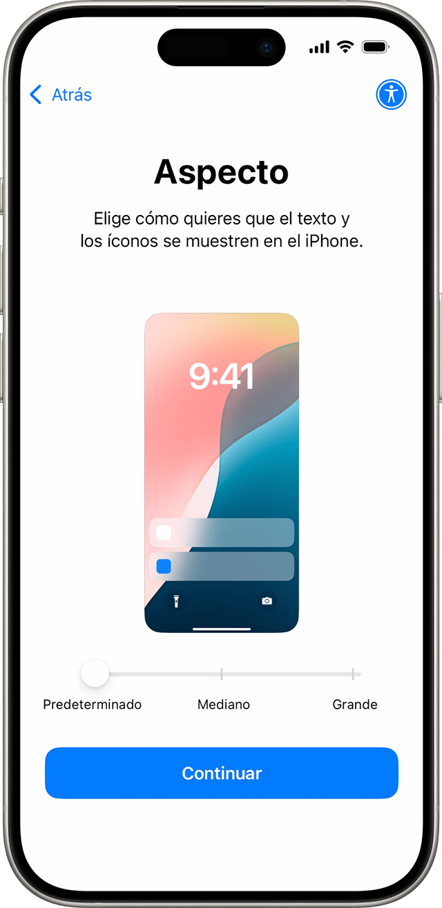 En el proceso de configuración del iPhone para iOS 18, desliza un ícono para obtener una vista previa y, a continuación, elige el tamaño del texto y las app que prefieras.