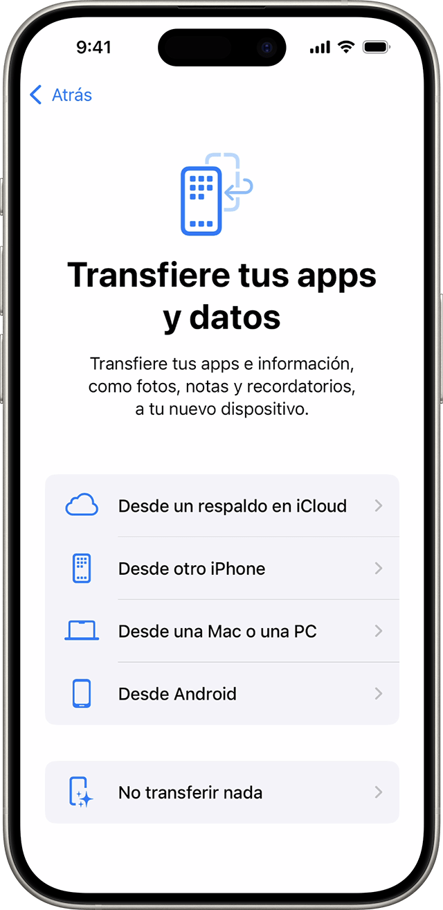 Las opciones de Transfiere tus apps y datos al configurar un iPhone en iOS 18.