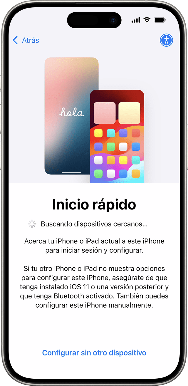 En iOS 18, puedes configurar el nuevo iPhone con otro dispositivo mediante Inicio rápido.