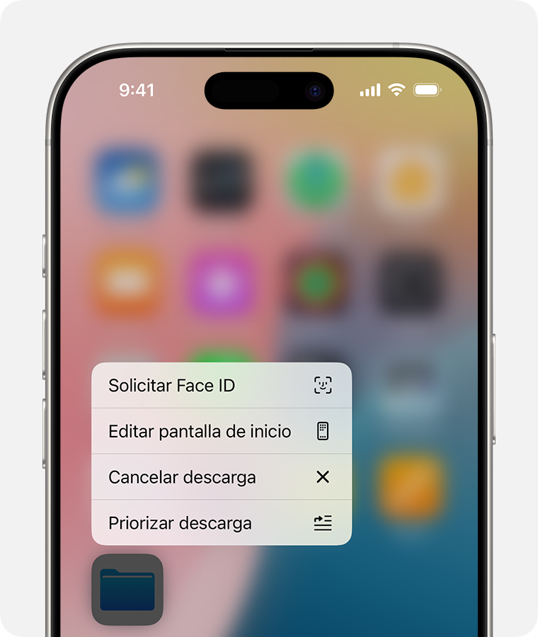 Pantalla de iPhone en la que se muestra el menú de descarga de una app. Priorizar descarga es una opción del menú.