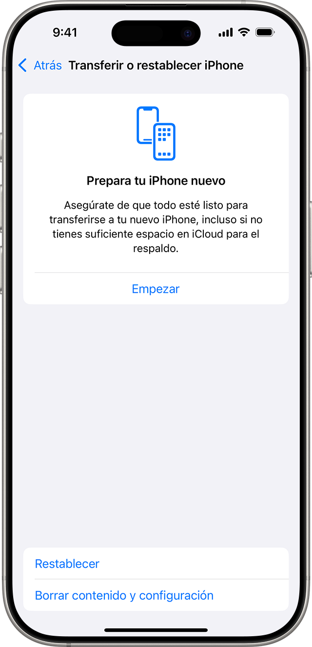 Un iPhone en el que se muestran opciones para restablecer o borrar contenido y configuración.