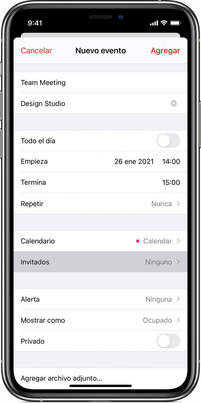 iPhone calendar add New Event screen with "Invitees" selected