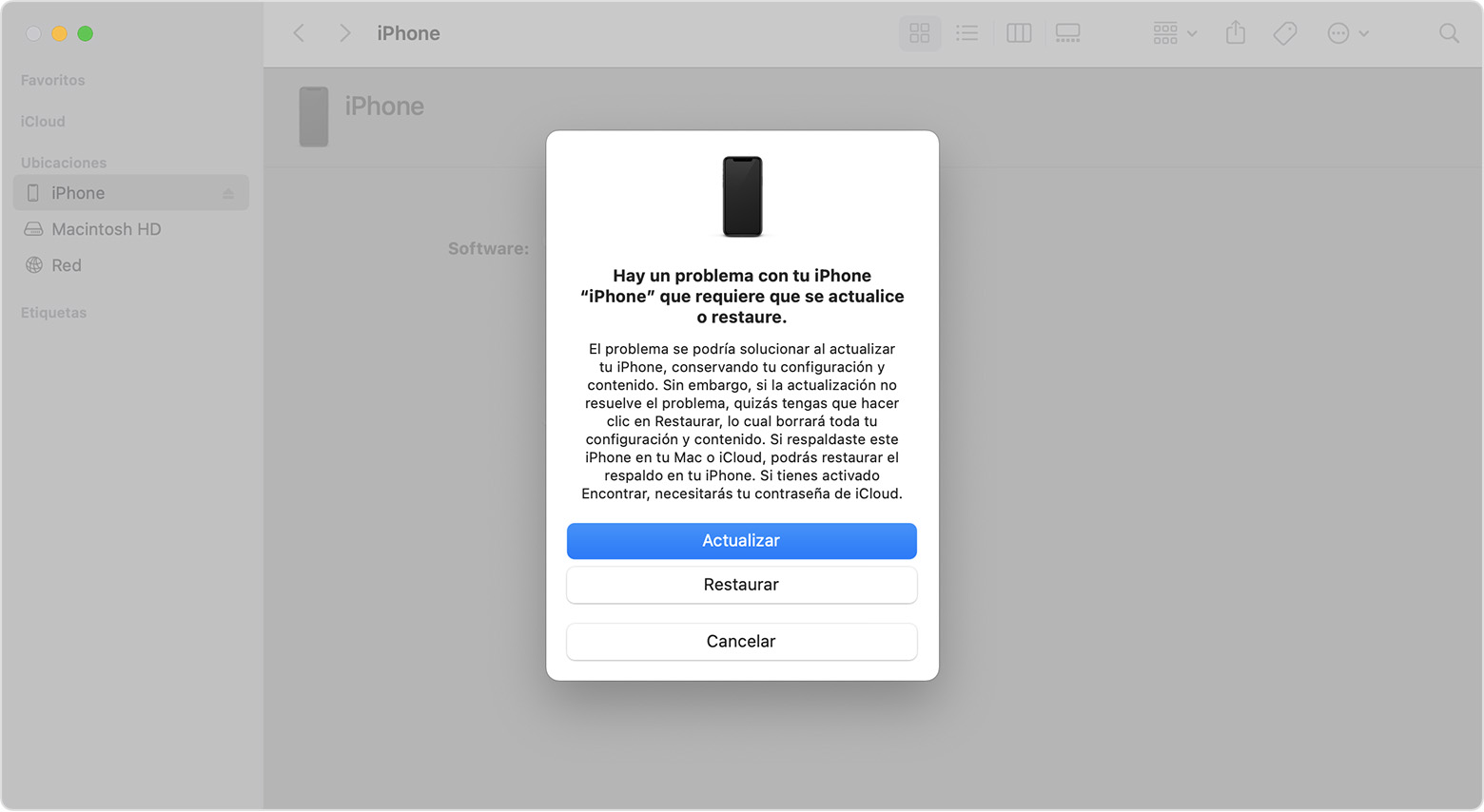 Ventana del Finder en una Mac en la que se muestran las opciones para restaurar o actualizar el iPhone