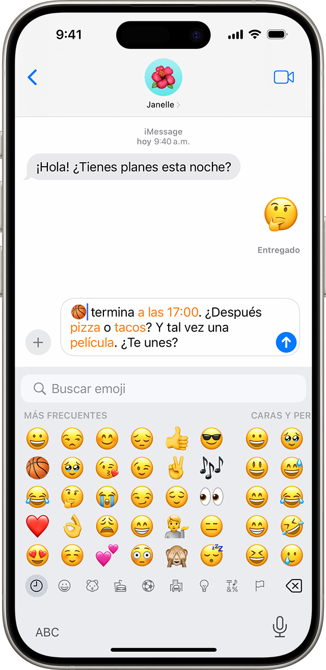 Una pantalla de iPhone que muestra una conversación de Mensajes con el teclado de emojis abierto.