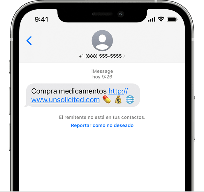 iPhone donde se muestra la opción de informar un iMessage como correo no deseado
