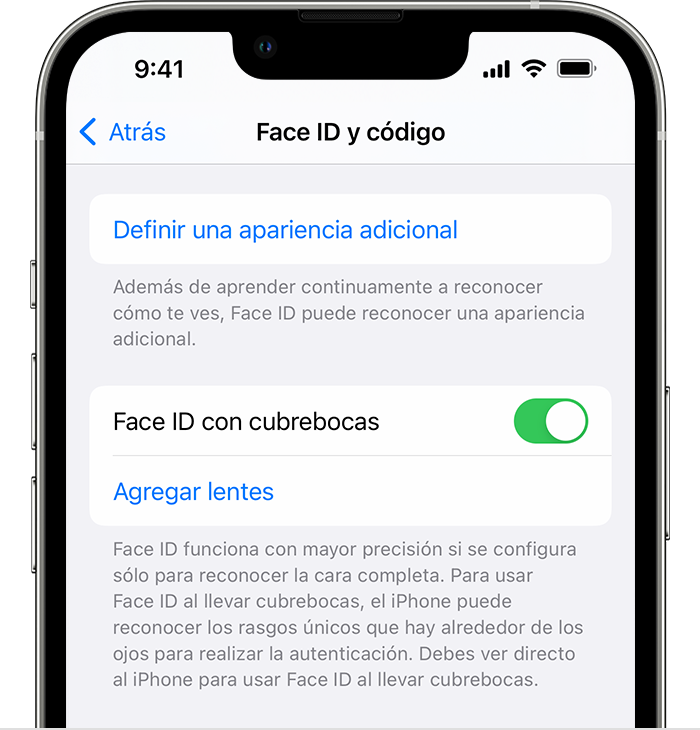 Si usas un iPhone 12 o modelos posteriores y iOS 15.4 o versiones posteriores, la página Face ID y código dentro de Configuración tiene una opción para activar Face ID con cubrebocas.