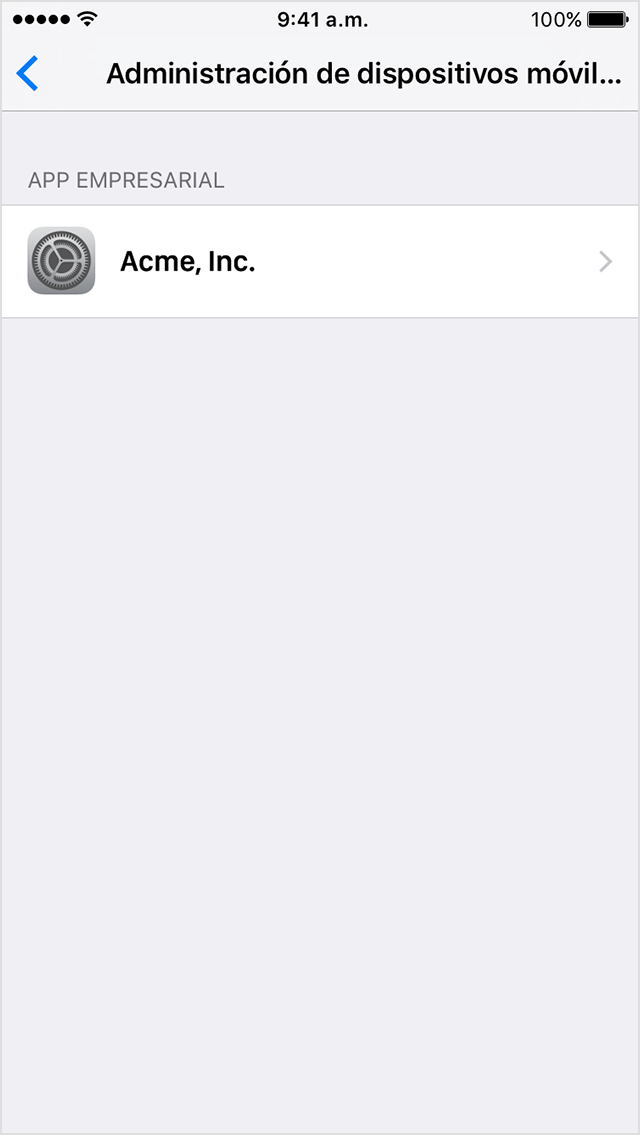  Pantalla de iPhone que muestra el menú Administración de perfiles y dispositivos