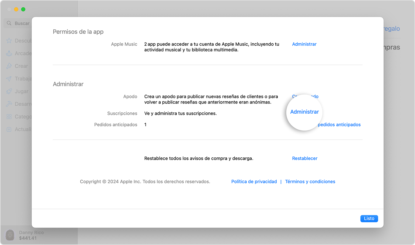 Una pantalla de macOS en la que se muestra la configuración Administrar para las suscripciones en App Store. Para administrar las suscripciones, haz clic en Administrar.