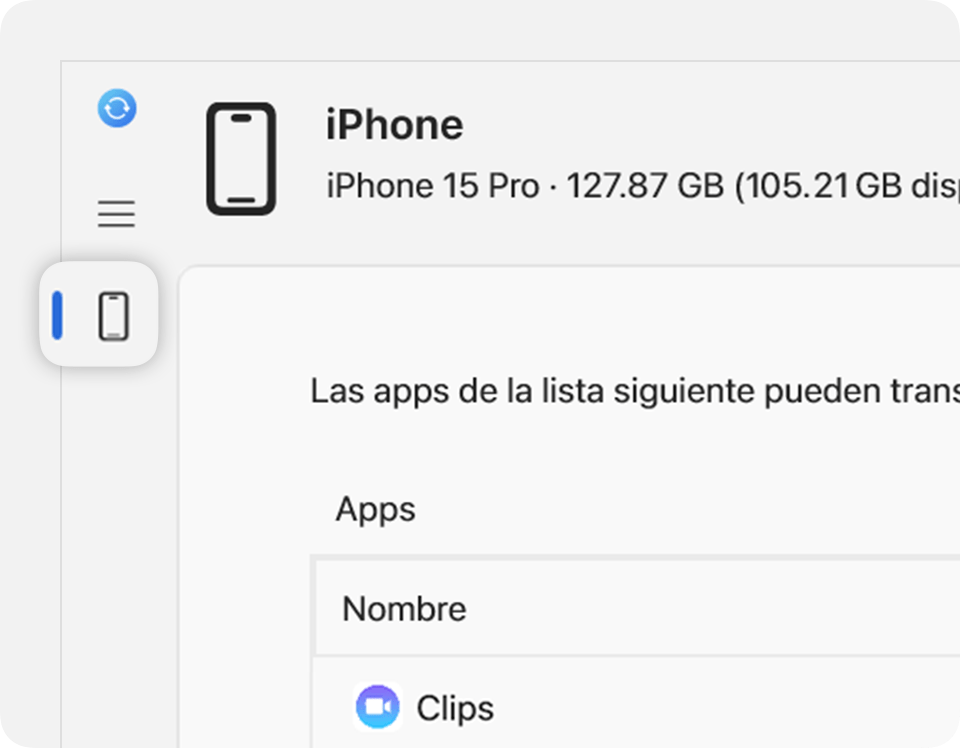 En la app Dispositivos Apple, se muestra el dispositivo conectado en la barra lateral