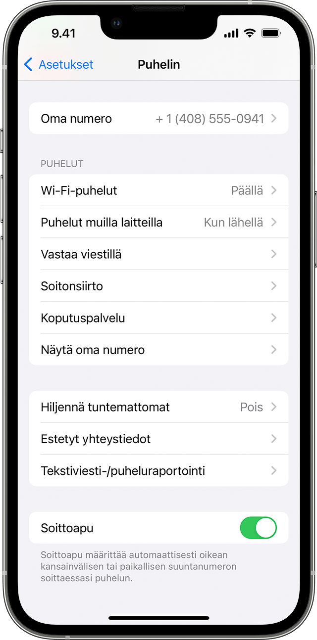 iPhonen Puhelin-näyttö, jossa on laitettu päälle Wi-Fi-puhelut.