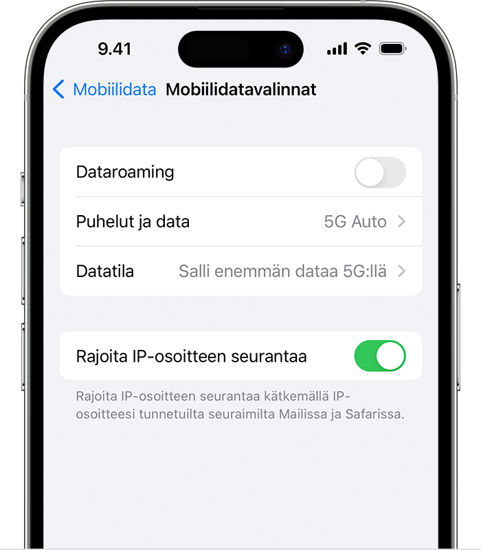 Näyttökuva, jossa näkyvät Mobiilidatavalinnat