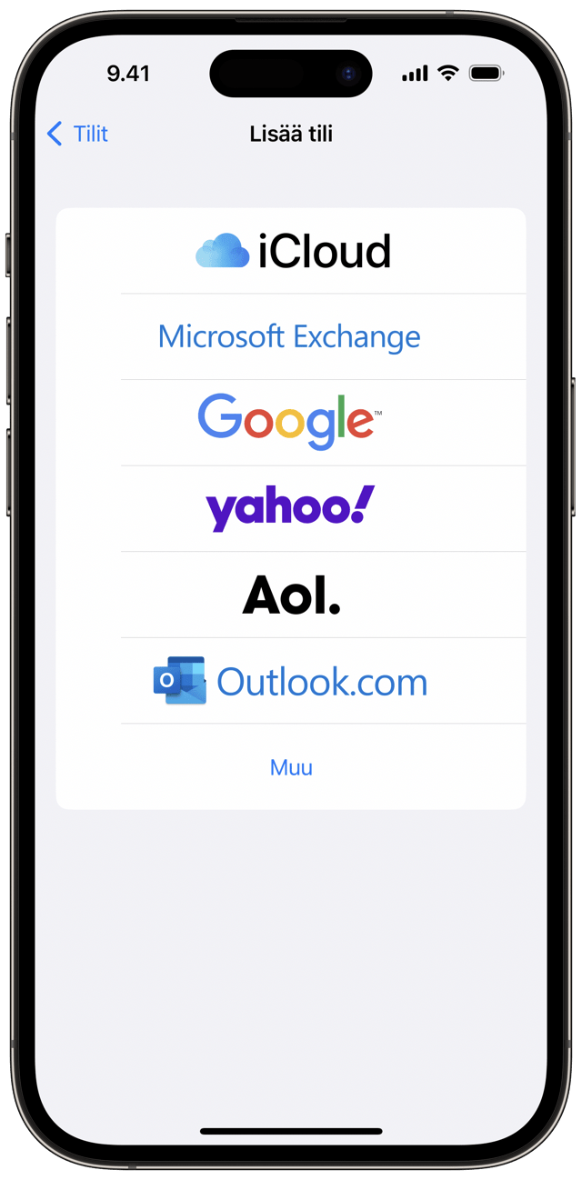 Voit lisätä Gmail- tai Outlook-sähköpostitilin tai jonkin toisen sähköpostitilin iPhoneen valitsemalla Asetukset > Mail > Tilit.