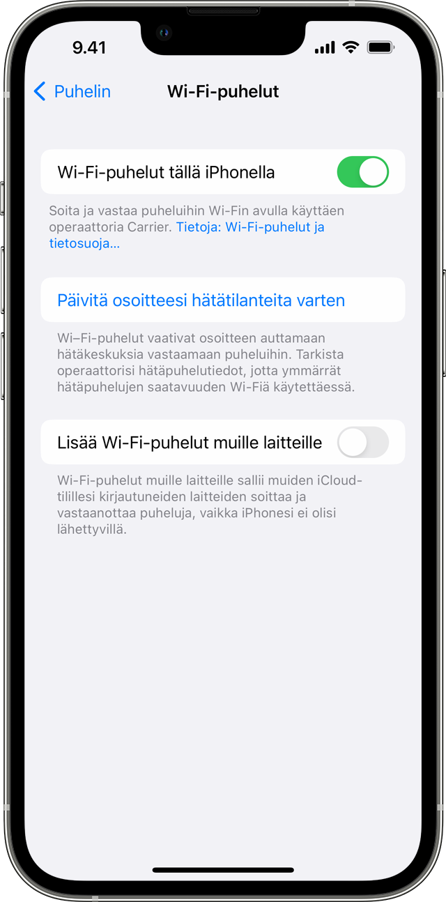 iPhone, jossa näkyy Wi-Fi-puhelut-näyttö ja jossa on päällä Wi-Fi-puhelut tällä iPhonella.