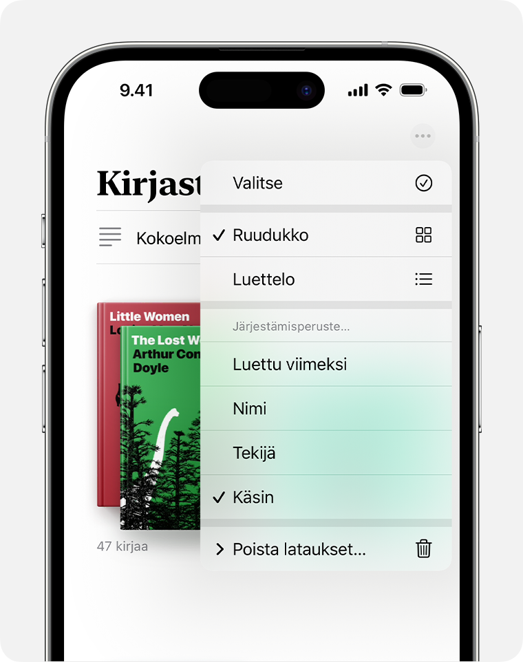 iPhone-näyttö, jossa näkyy Kirjat-apin järjestämisvaihtoehtoja 