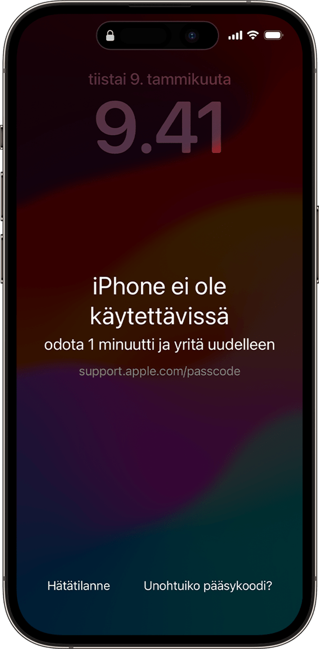 iPhone ei käytettävissä -näyttö iOS 17:ssä ja uudemmissa sisältää Unohtuiko pääsykoodi? -vaihtoehdon.
