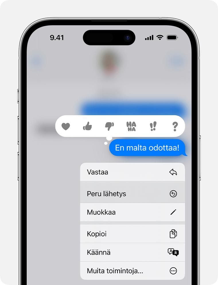 Napauta viestiä ja pidä sitä painettuna iOS 16:ssa tai uudemmassa, niin näet Peru lähetys -valinnan.