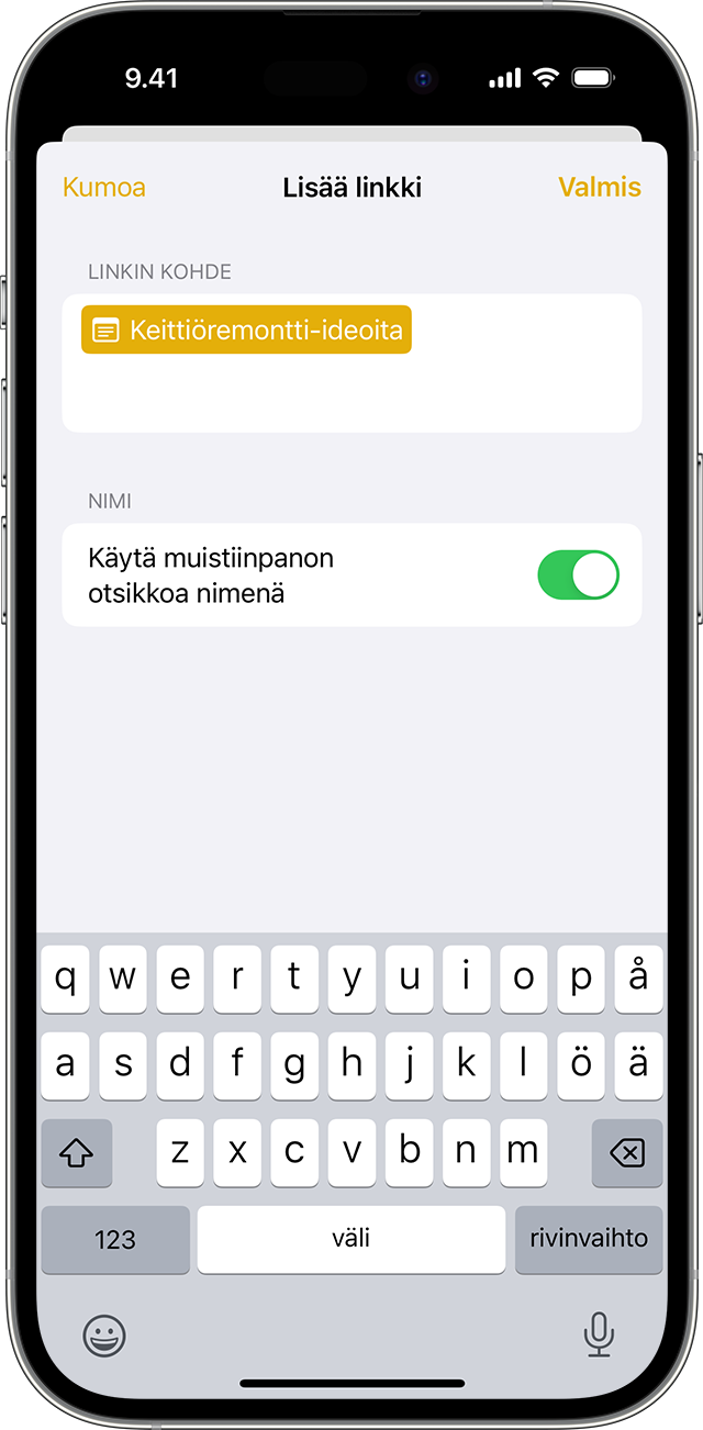 Valinnat linkin lisäämiseksi Muistiinpanot-apissa iPhonessa, jossa on iOS 17 tai uudempi.