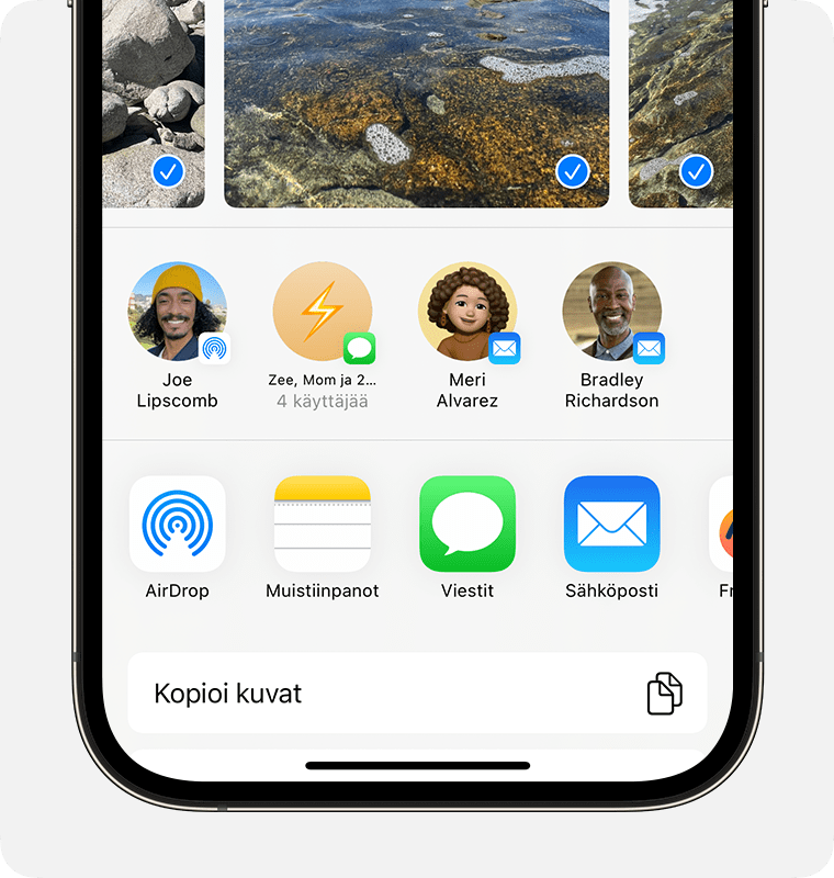 IPhone, jossa näkyy jakosivu kuvat valittuna ja AirDrop-valinta näkyvissä.