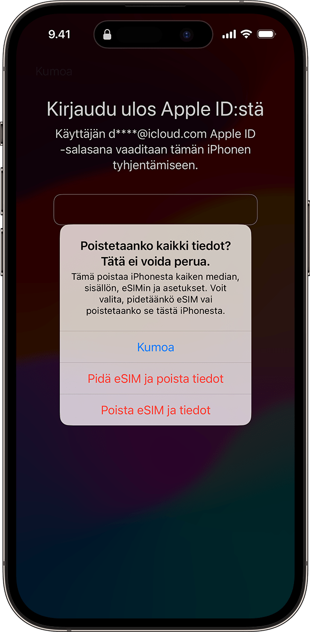 Kun suoritat salasanan nollausprosessin iOS 17:ssä ja uudemmissa, voit halutessasi säilyttää eSIMisi tai poistaa eSIMisi.