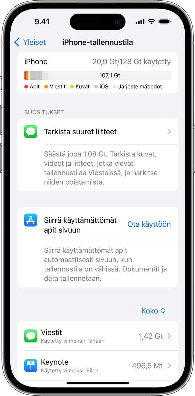iPhonen näyttö, jossa näkyy suosituksia tallennustilan vapauttamista varten
