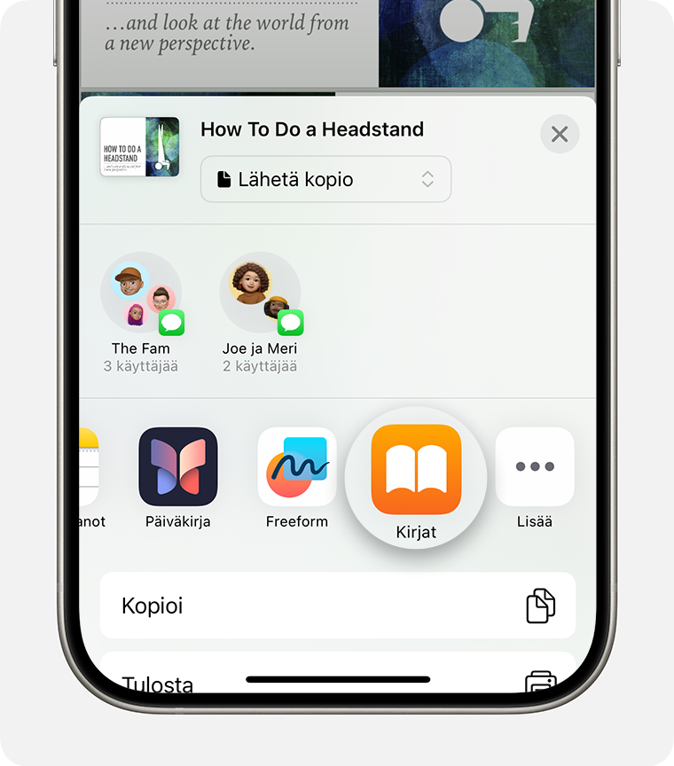 Kuva iPhonesta, jossa näkyy, miten PDF voidaan tallentaa Kirjat-appiin