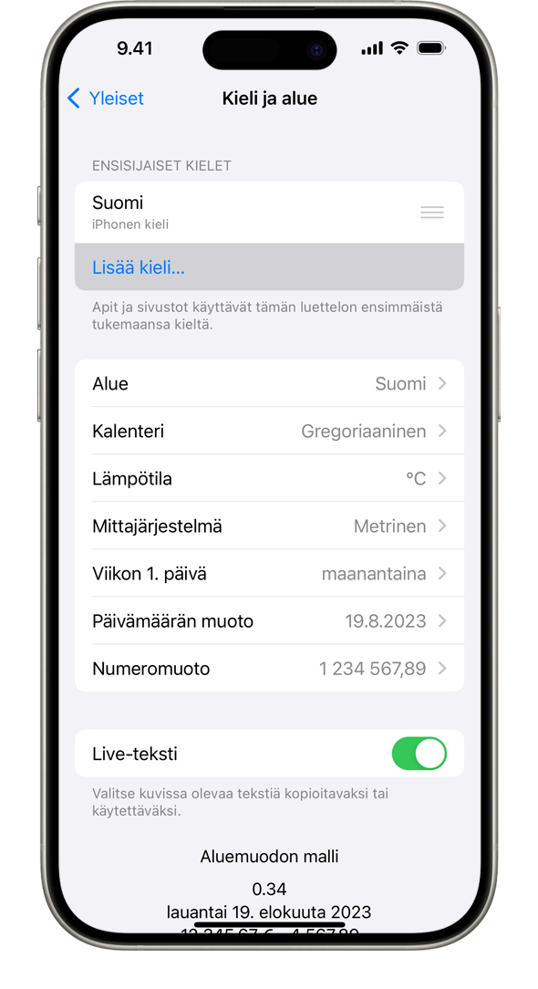 iPhone, jossa näkyy Kieli ja alue -valikko. Lisää kieli -valinta näkyy korostettuna.