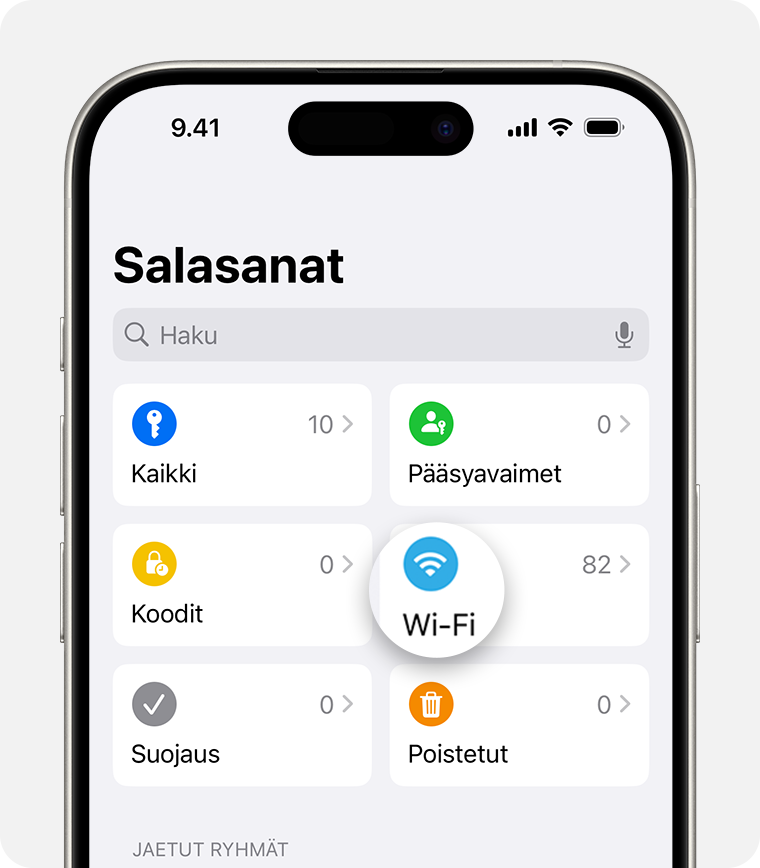 Voit avata iOS 18:ssa Salasanat-apin ja etsiä tietoja Wi-Fi-verkoista, joihin olet aiemmin muodostanut yhteyden.