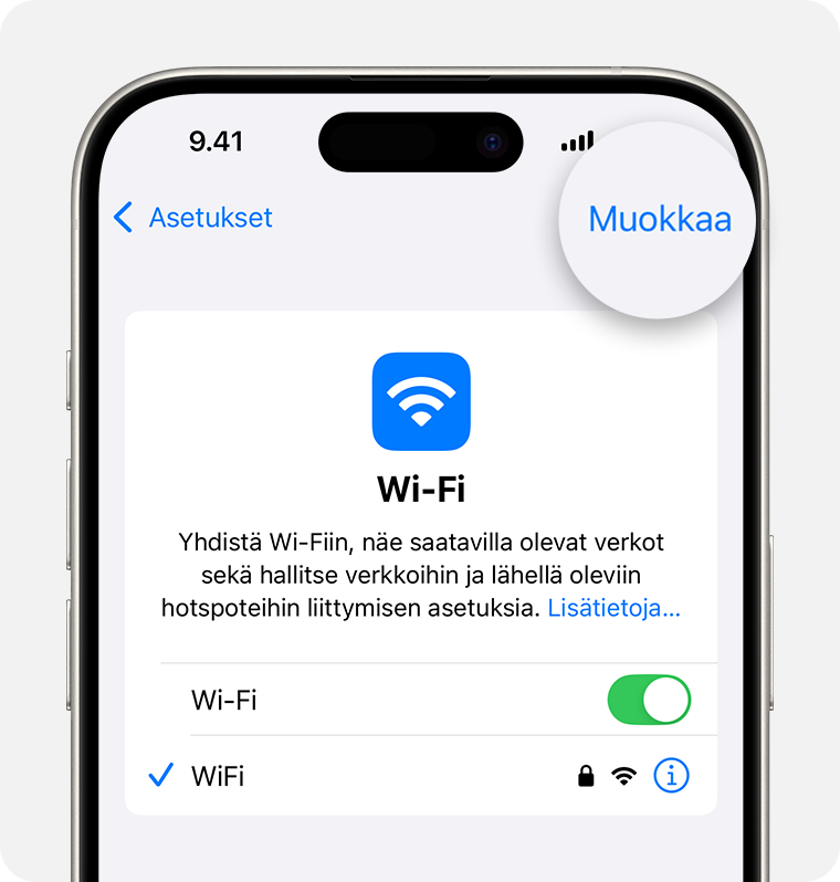 Löydät iOS:ssä niiden Wi-Fi-verkkojen salasanat, joihin olet aiemmin muodostanut yhteyden, valitsemalla ensin Asetukset > Wi-Fi > Muokkaa ja napauttamalla sitten verkon nimen vieressä olevaa tietopainiketta.