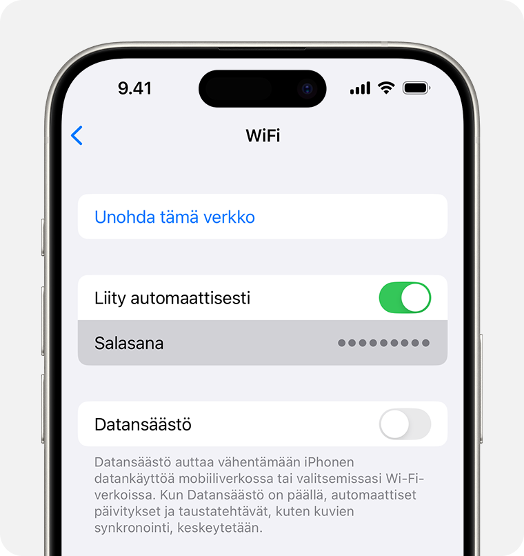 Valitse iOS:ssä Asetukset > Wi-Fi, niin näet sen Wi-Fi-verkon salasanan, johon olet muodostanut yhteyden.