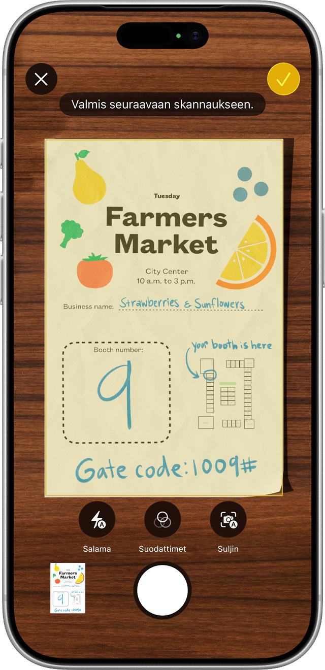 Muistiinpanot-apissa voit skannata dokumentteja automaattisesti tai sen jälkeen, kun olet määrittänyt, mitä skannaukseen pitäisi sisällyttää.