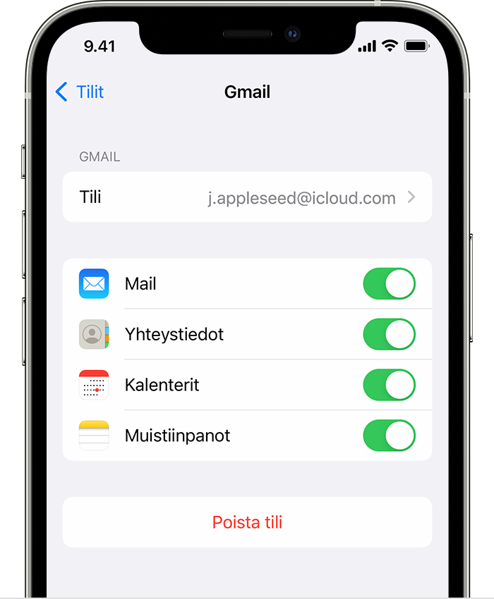iPhone, jossa yhdistetyn Gmail-tilin asetukset näkyvät kohdassa Asetukset > Mail > Tilit > Gmail.