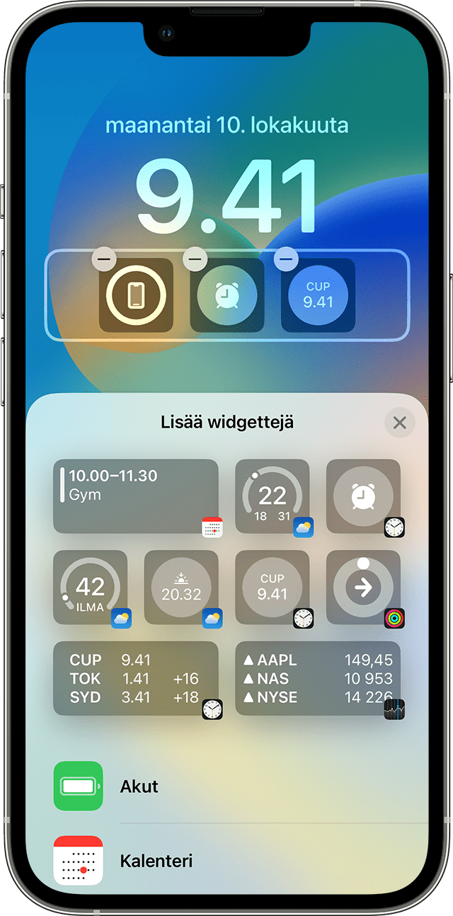 iPhonen näytössä näkyy, miten widgettejä lisätään lukittuun näyttöön