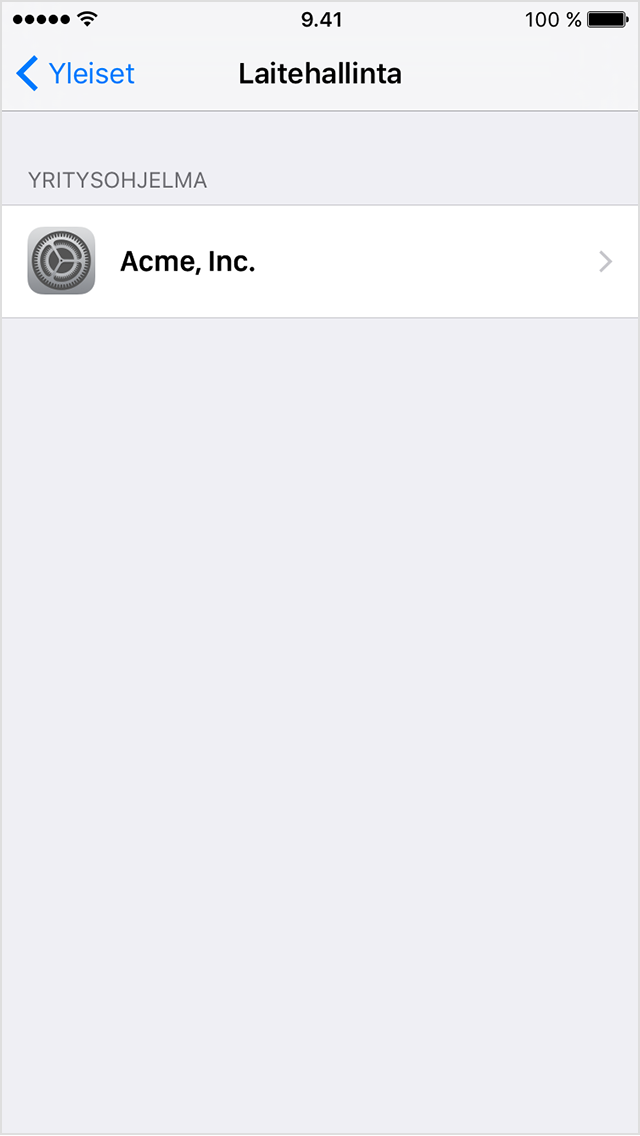  iPhonen näyttö, jossa näkyy Profiilit ja laitehallinta -valikko