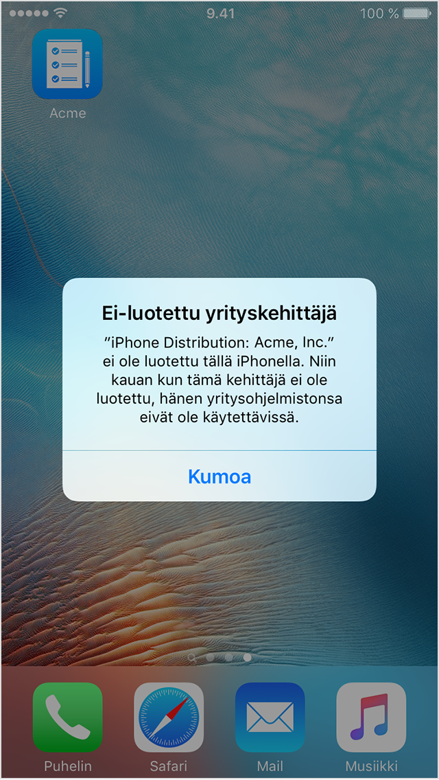  Ei-luotettu yrityskehittäjä -viesti iPhonen näytössä