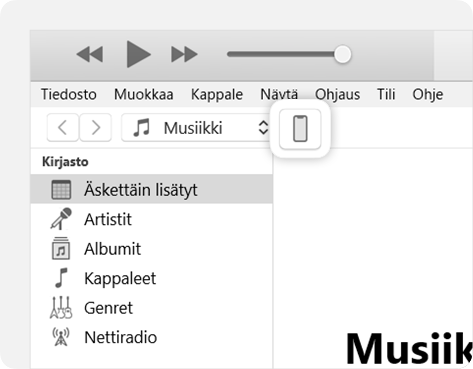 iTunes-ikkuna, jonka oikeassa yläkulmassa näkyy liitetyn laitteen kuvake