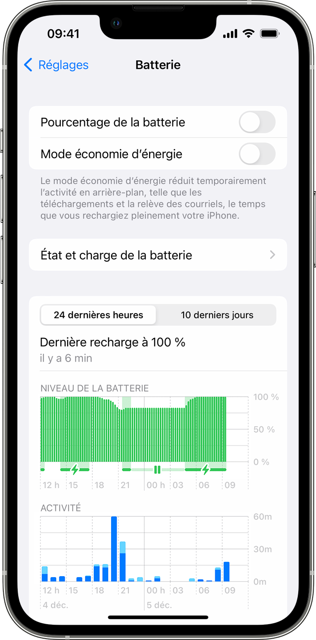 iPhone affichant l’écran Batterie dans Réglages