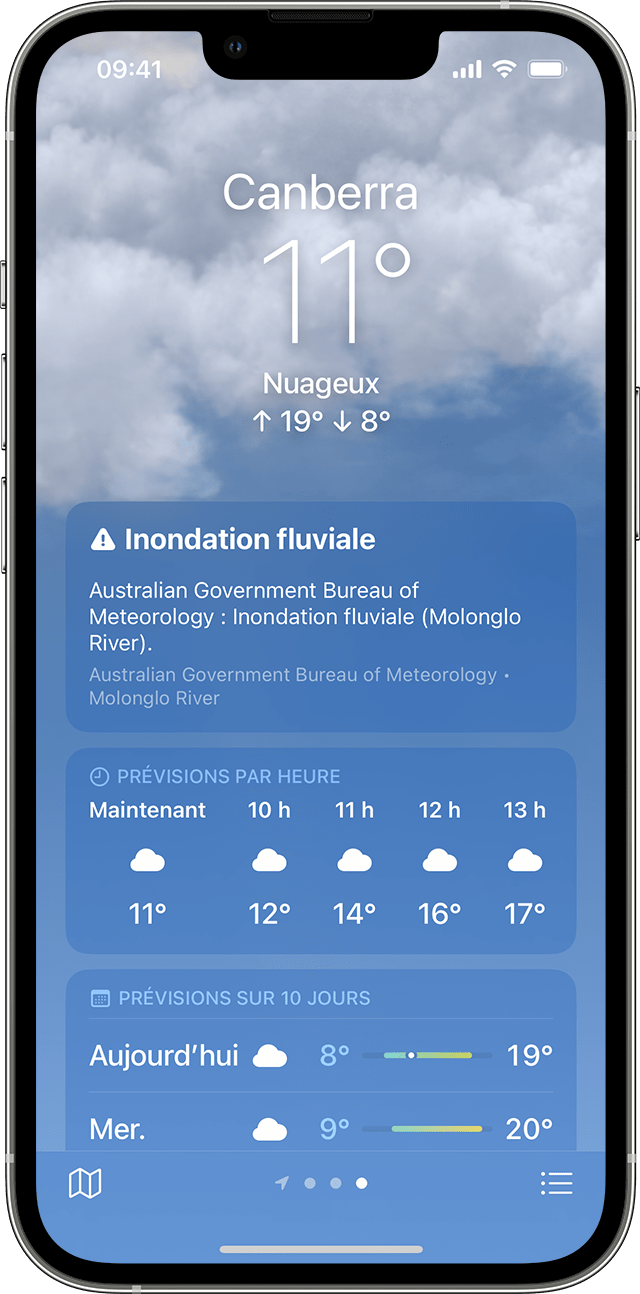 iPhone affichant des informations sur les phénomènes météorologiques violents dans l’app Météo.