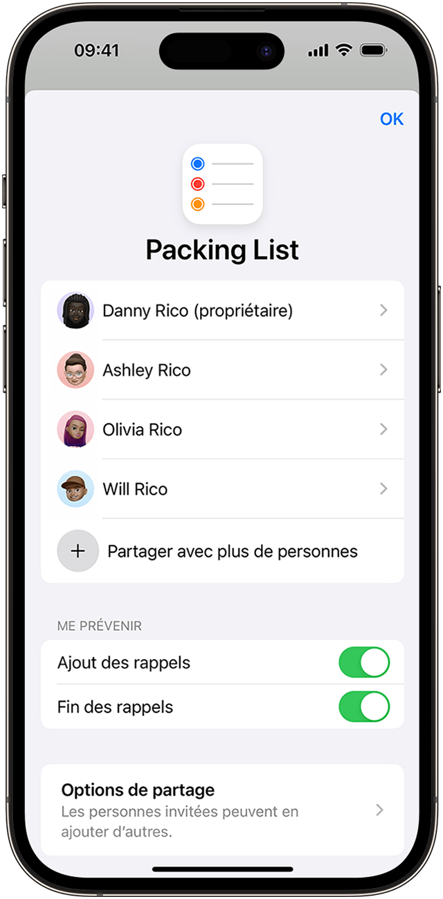 Sur votre iPhone, vous pouvez partager une liste de rappels avec vos contacts, mais vous devez utiliser les options de Gérer la liste partagée pour modifier les notifications automatiques.