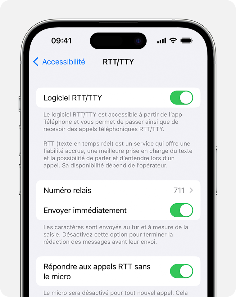 Écran d’iPhone sur lequel l’option RTT/TTY est activée