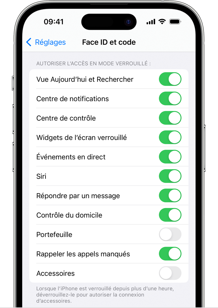 Dans les réglages de Face ID et code sur l’iPhone, l’option Autoriser l’accès en mode verrouillé est désactivée par défaut pour les accessoires