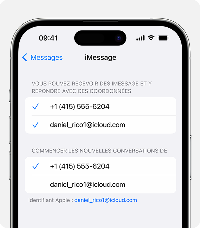 Dans Réglages > Messages > Envoi et réception, vous pouvez choisir d’utiliser un numéro de téléphone ou une adresse courriel pour les nouvelles conversations.