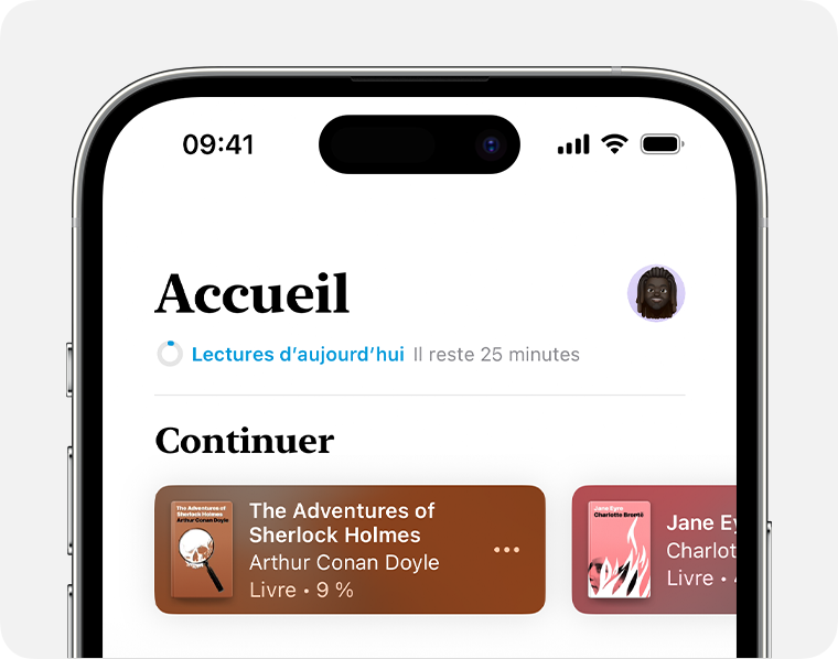 Écran iPhone montrant la section Accueil de l’app Livres 
