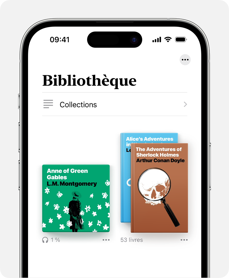 Écran iPhone montrant la section Bibliothèque de l’app Livres. 