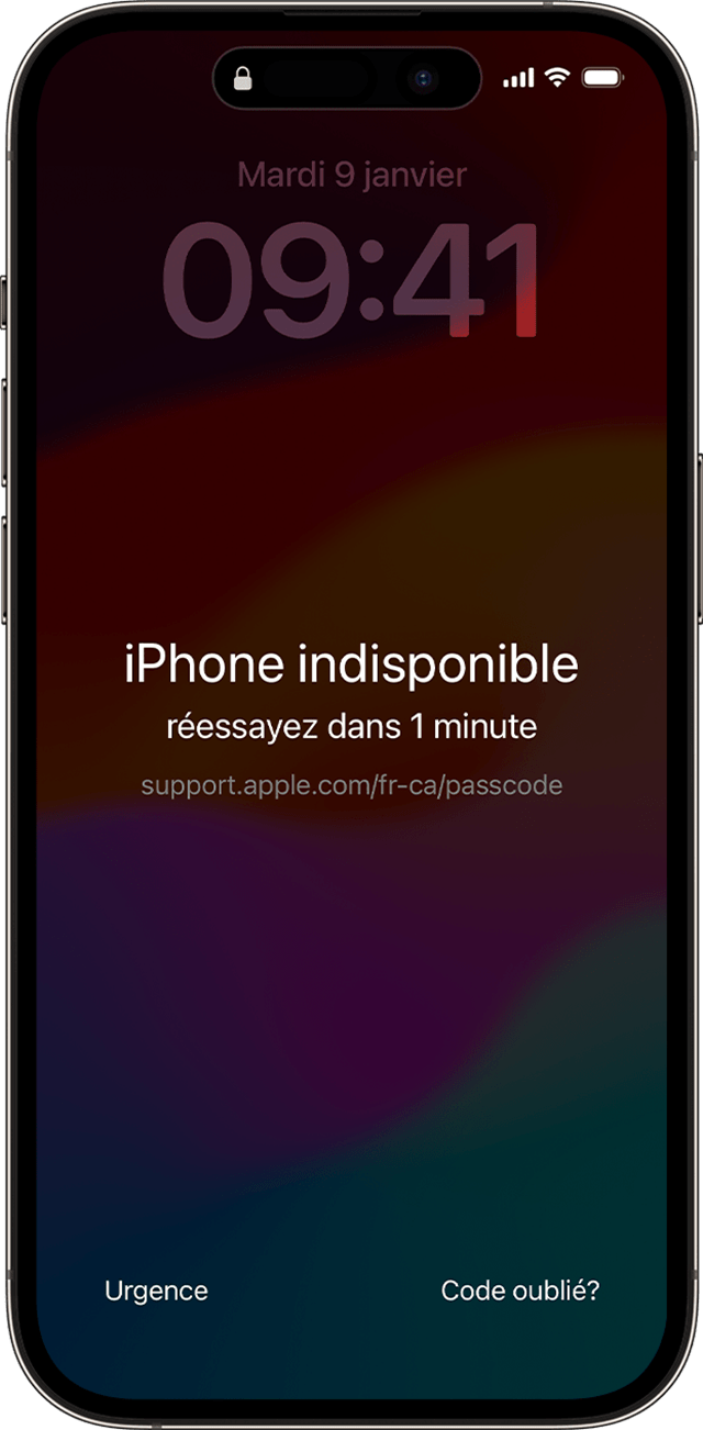 Le message iPhone indisponible s’affiche sur un iPhone après avoir saisi un code d’accès erroné.