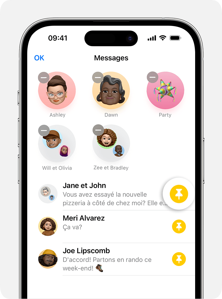 Dans Messages, utilisez l’icône d’épingle pour épingler des conversations qui seront conservées en haut de votre page de conversations.