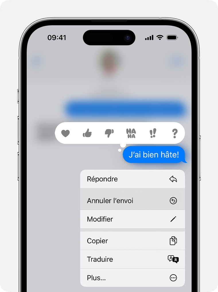 Touchez un message de manière prolongée dans iOS 16 ou une version ultérieure pour afficher l’option Annuler l’envoi.